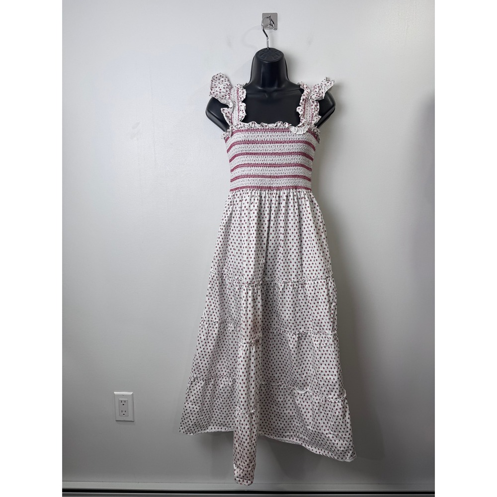 Hill House Women White Red Floral Ellie Nap Dress Smocked Midi Size Small